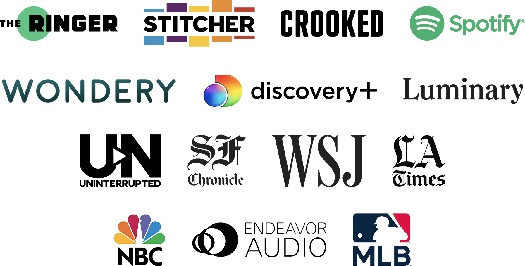 Logos of The Ringer, Stitcher, Crooked Media, Spotify, Wondery, Discovery Plus, Luminary, Uninterrupted, The San Francisco Chronicle, The Wall Street Journal, and the Los Angeles Times