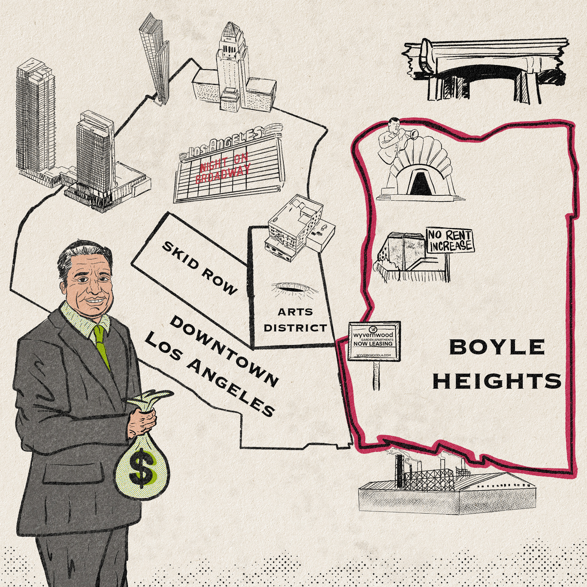 Illustrated map of the Los Angeles neighborhoods of Downtown, Skid Row, Arts District, and Boyle Heights