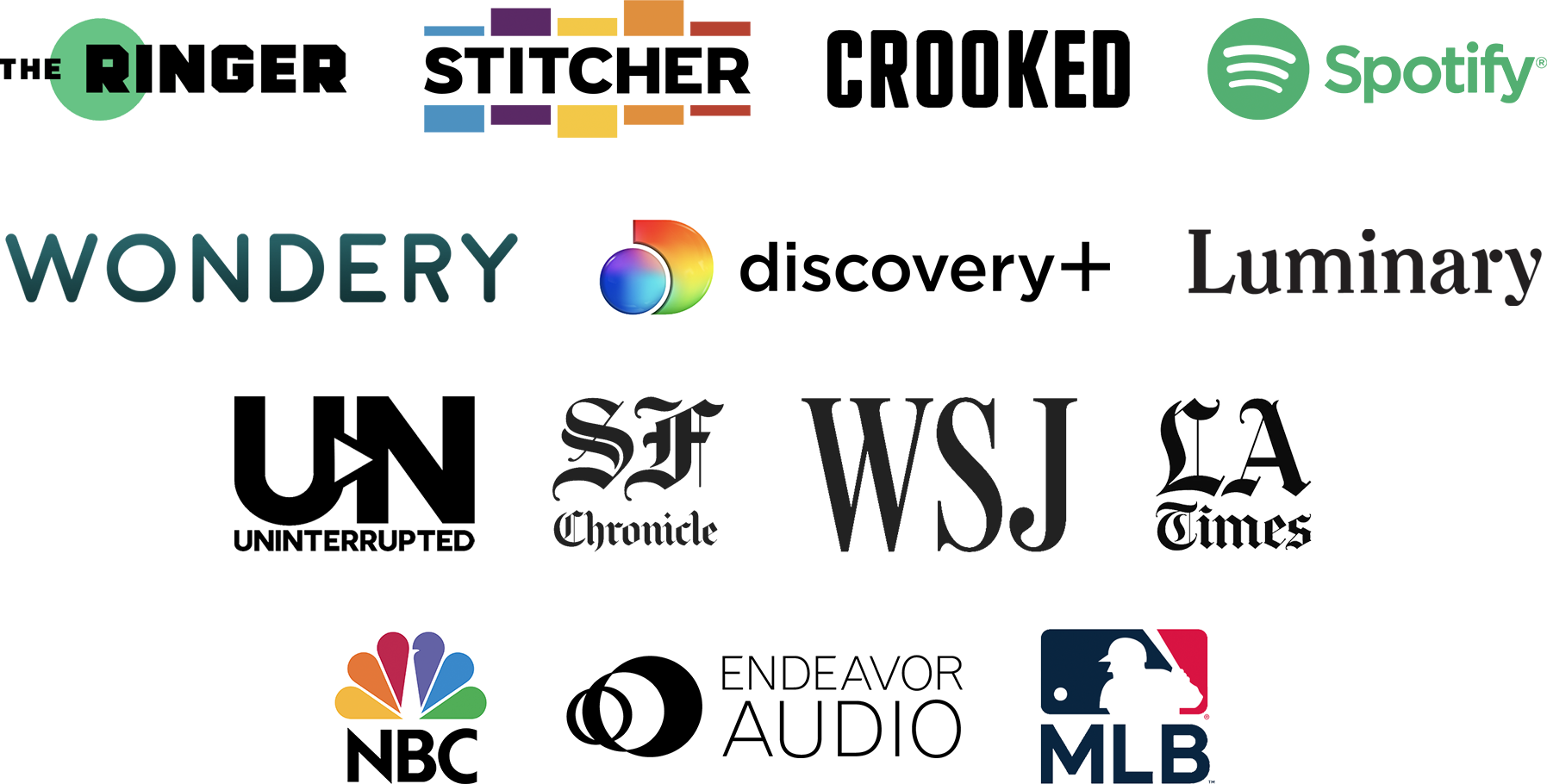 Logos of The Ringer, Stitcher, Crooked Media, Spotify, Wondery, Discovery Plus, Luminary, Uninterrupted, The San Francisco Chronicle, The Wall Street Journal, and the Los Angeles Times